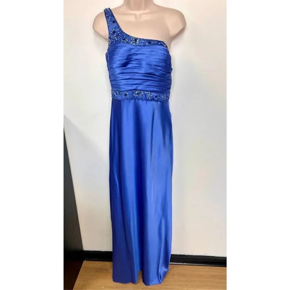Adrianna Papell Womens Periwinkle Blue Beaded One Shoulder Evening Gown Size‎ 6